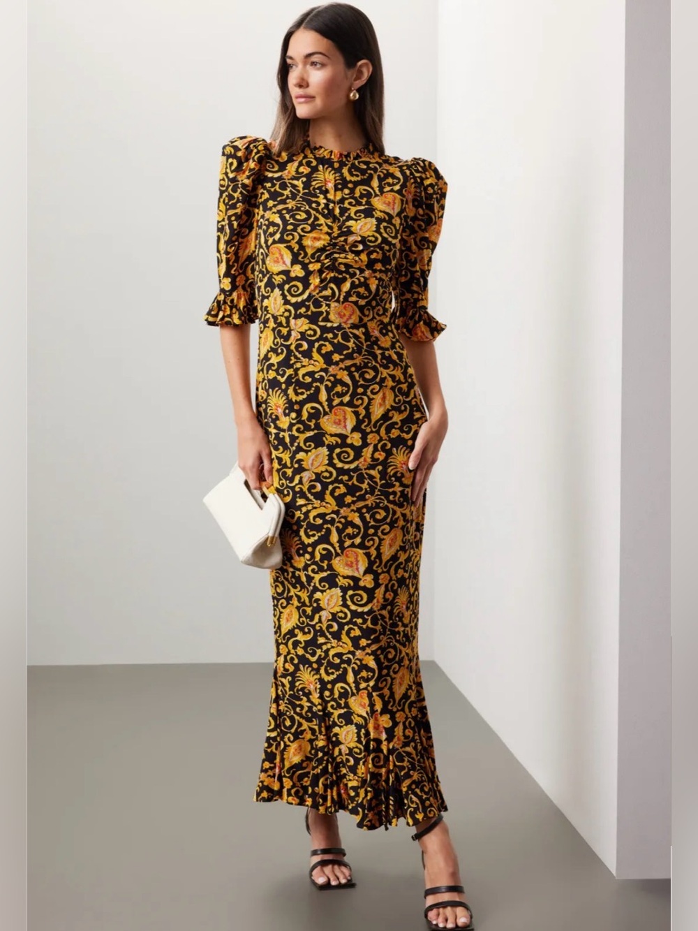 RHODE Felix Dress Black & Gold Floral Midi Dress with Ruffle Hem Sz 10 - Picture 11 of 17